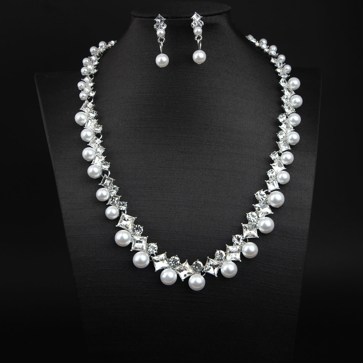 Pearl Rhinestone Necklace And Earrings Set Dress Bridal Accessories