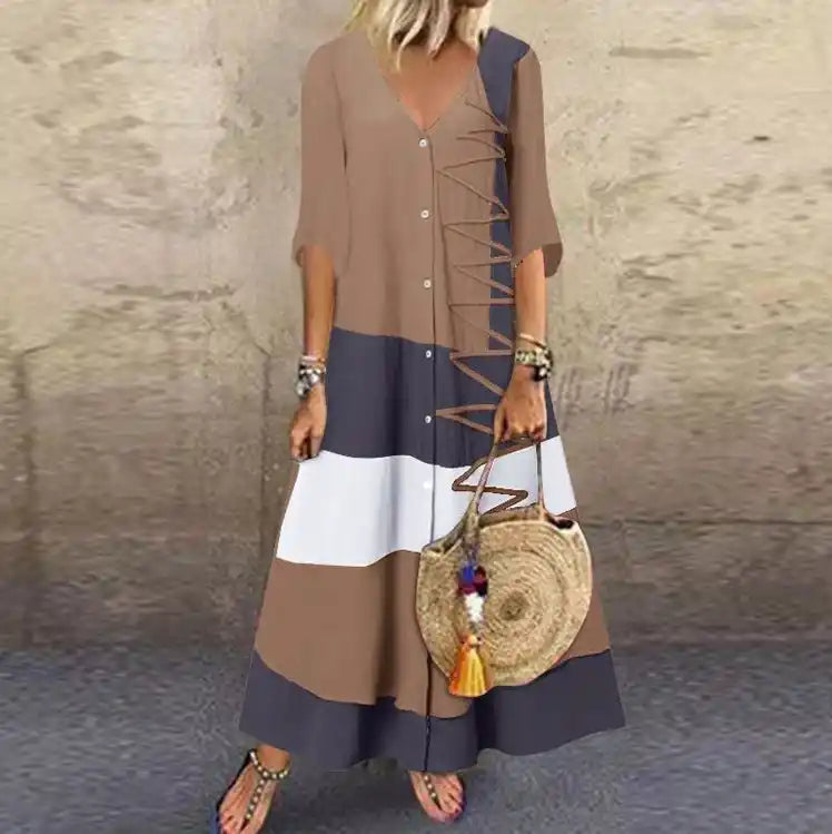 V-neck Half Sleeve Buttons Color Block Printed Dress