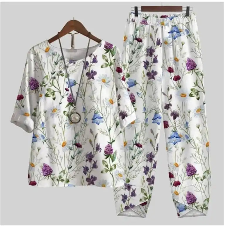 Half Sleeve Flower Printed Top and Pants Two-piece Suit