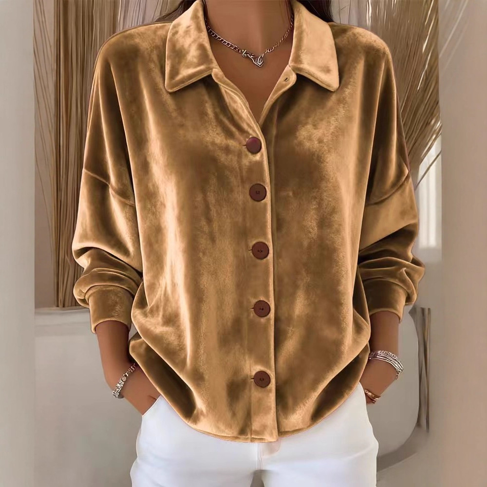 Elegant Velvet Single-breasted Blouse Long Sleeve Loose Casual Shirt
