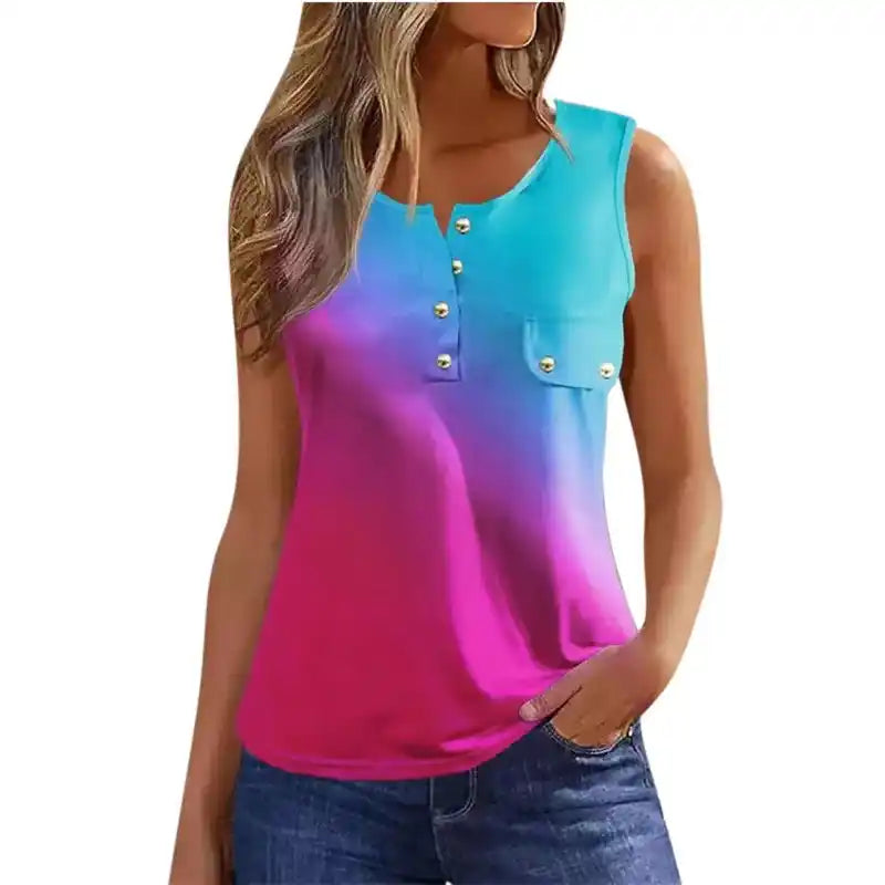 Multicolor Gradient Printed Sleeveless Button Vest T-shirt