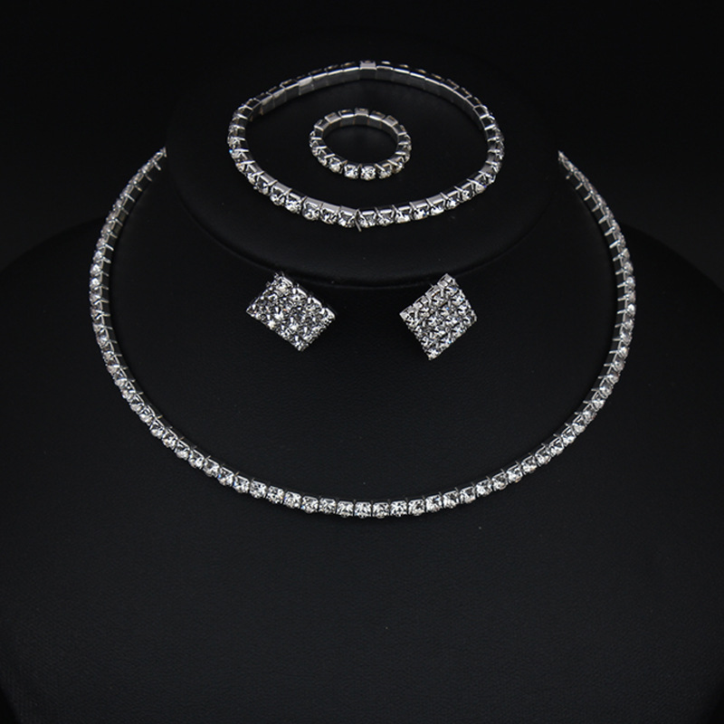 Multi-Layer Sparkling Necklace Ring Bracelet Earrings Four-Piece Set