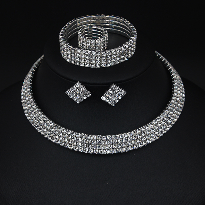 Multi-Layer Sparkling Necklace Ring Bracelet Earrings Four-Piece Set