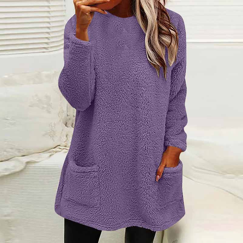 Solid Color Plush Warm Autumn Winter Pockets Long Sweatshirt