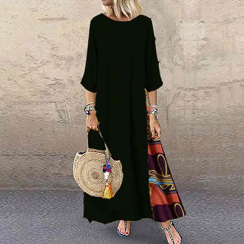 Vintage Solid And Floral Printed Stitching Casual A-line Dress