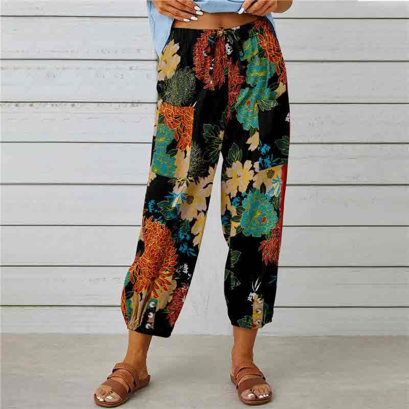 Retro Printed Elastic Waist Drawstring Button Decorated Cropped Trousers