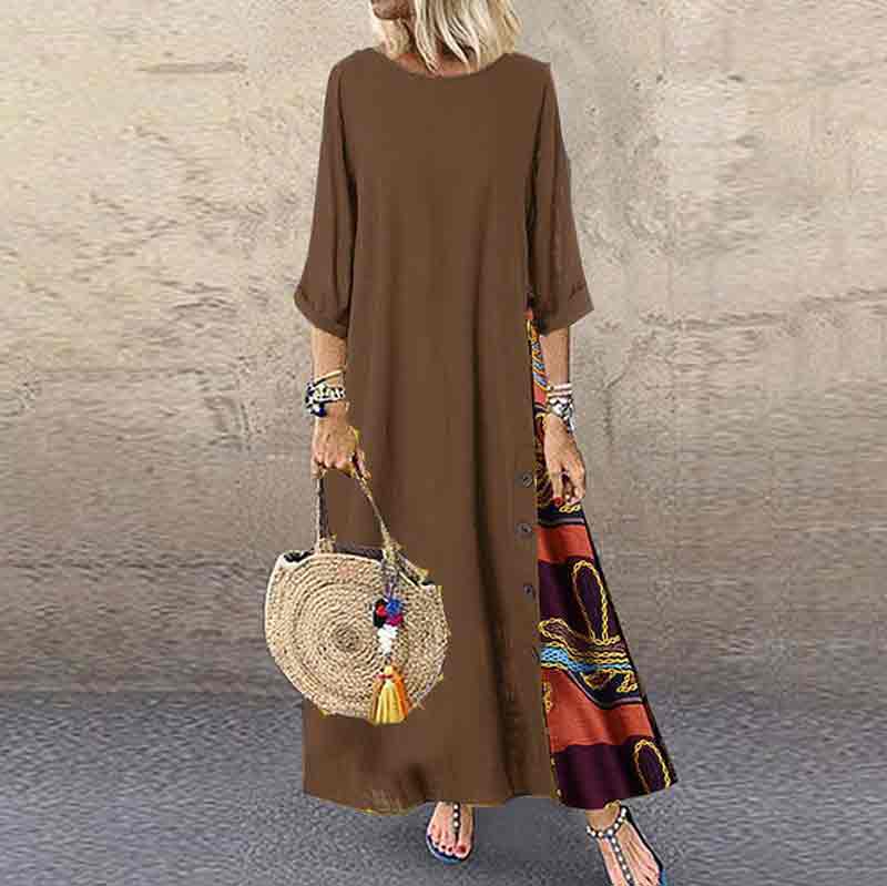 Vintage Solid And Floral Printed Stitching Casual A-line Dress