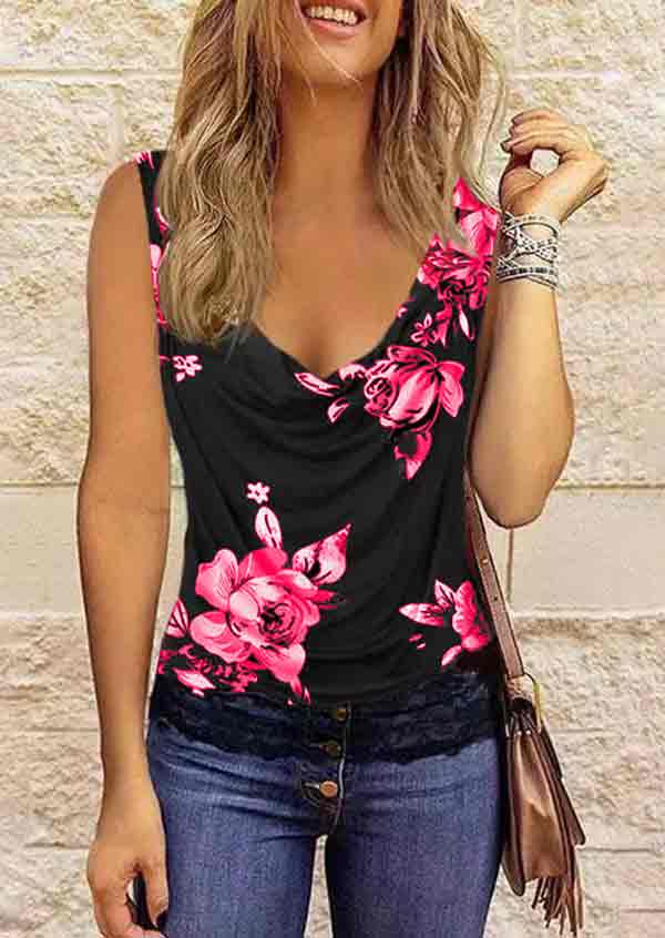 Floral Printed V Neck Fashion Lace Sleeveless Vest T-shirt