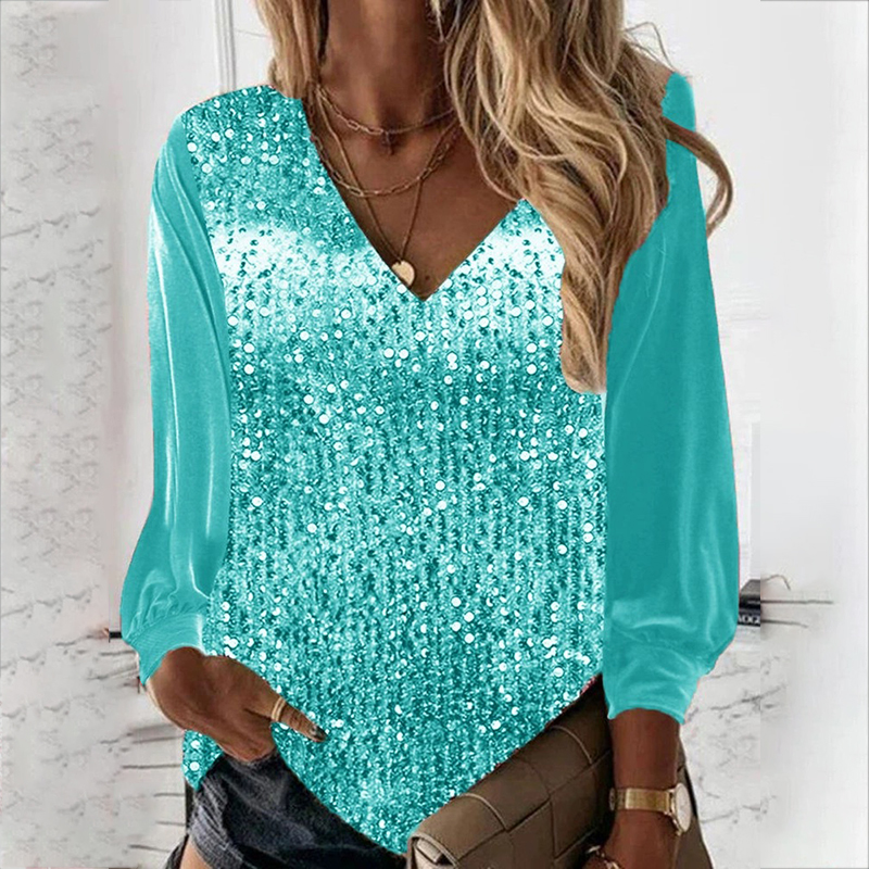 Trendy V-Neck Long Sleeve Splicing Pullover Top Loose Printed T-shirt