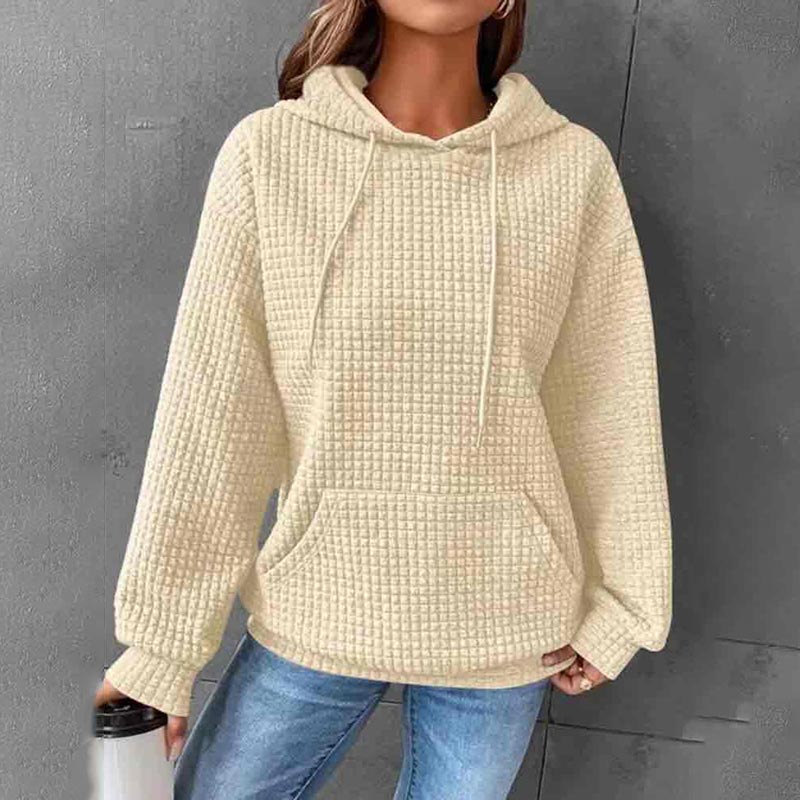 Solid Color Waffle Long Sleeve Pocket Hooded Sweatshirt