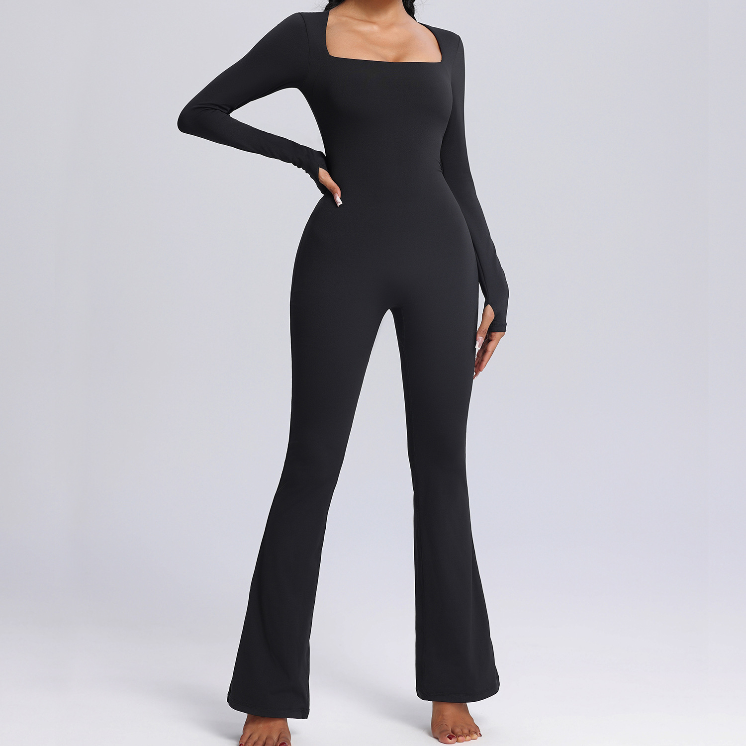 Long Sleeve One-Piece Yoga Suit High Elastic Dance Flared Jumpsuit