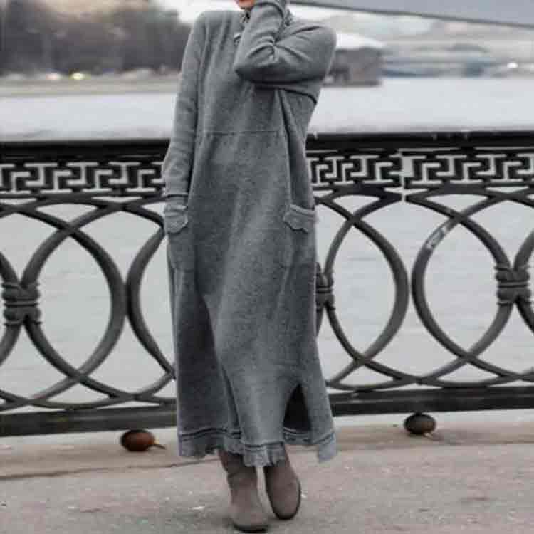 Retro Solid Color Loose Fleece Pockets Autumn Winter Dress