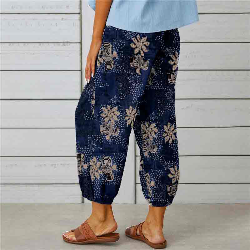 Retro Printed Elastic Waist Drawstring Button Decorated Cropped Trousers