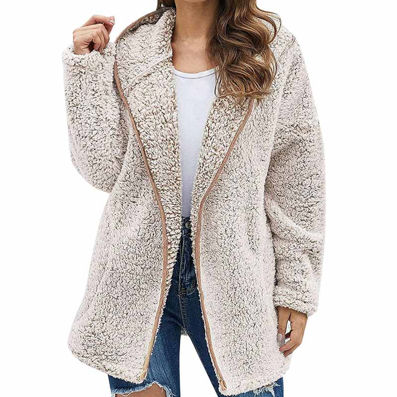 Solid Color Plush Hooded Pockets Autumn Winter Cardigan Coat