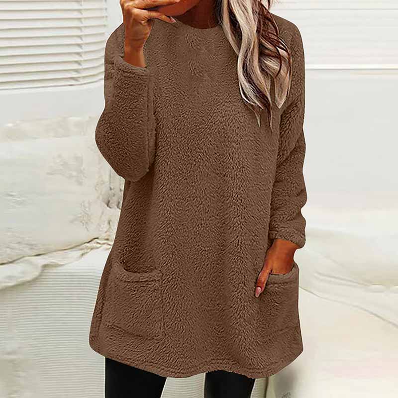 Casual Solid Color Plush Warm Autumn Winter Pockets Long Sweatshirt