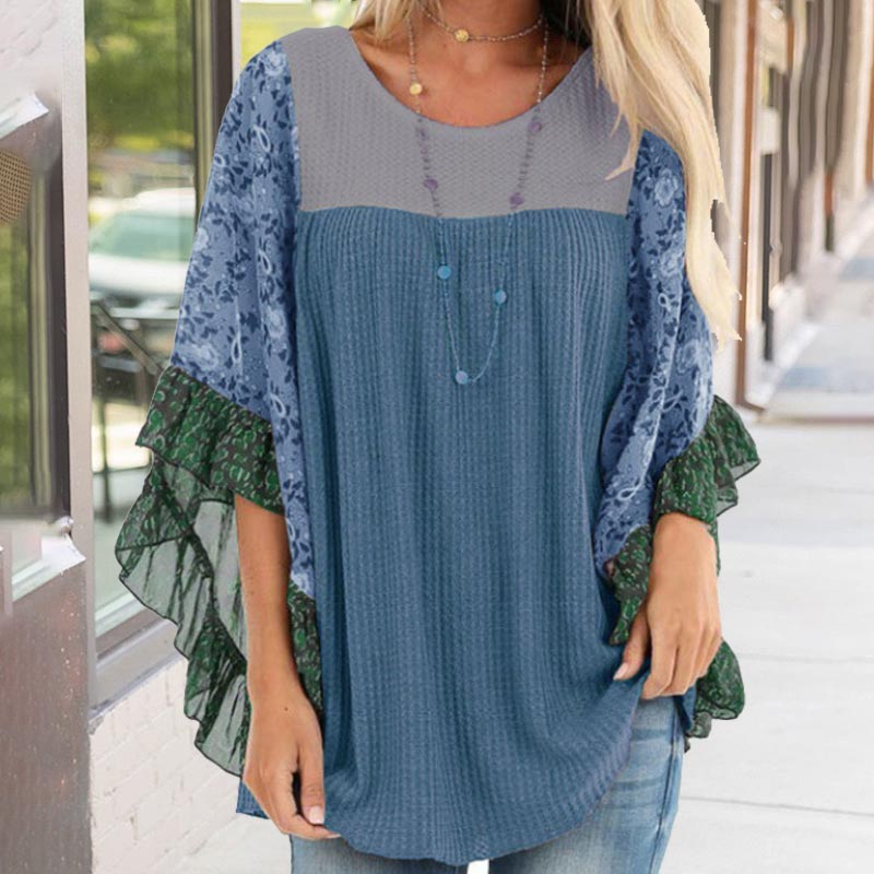 Fashion Printed Ruffle Sleeve Tunic Blouse Color Block Waffle Shirt