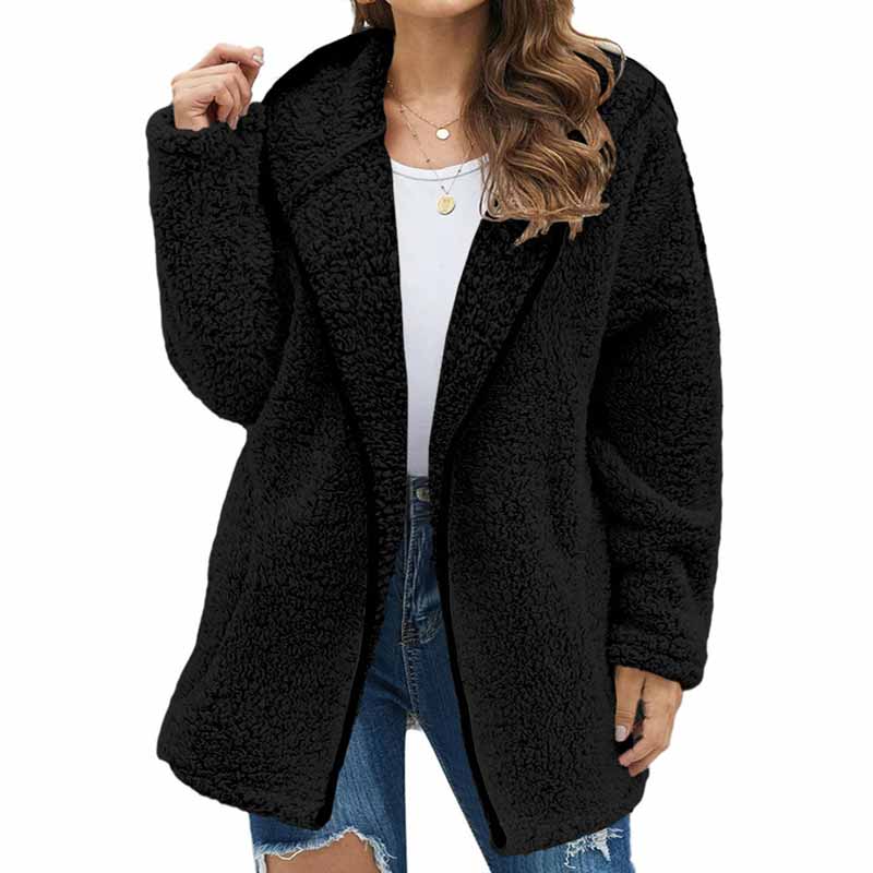 Solid Color Plush Hooded Pockets Autumn Winter Cardigan Coat