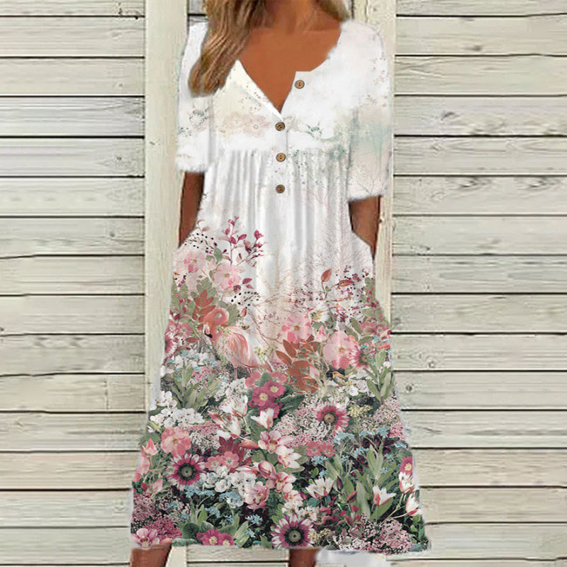 Trendy Floral Printed Button V-neck Pockets A-line Dress