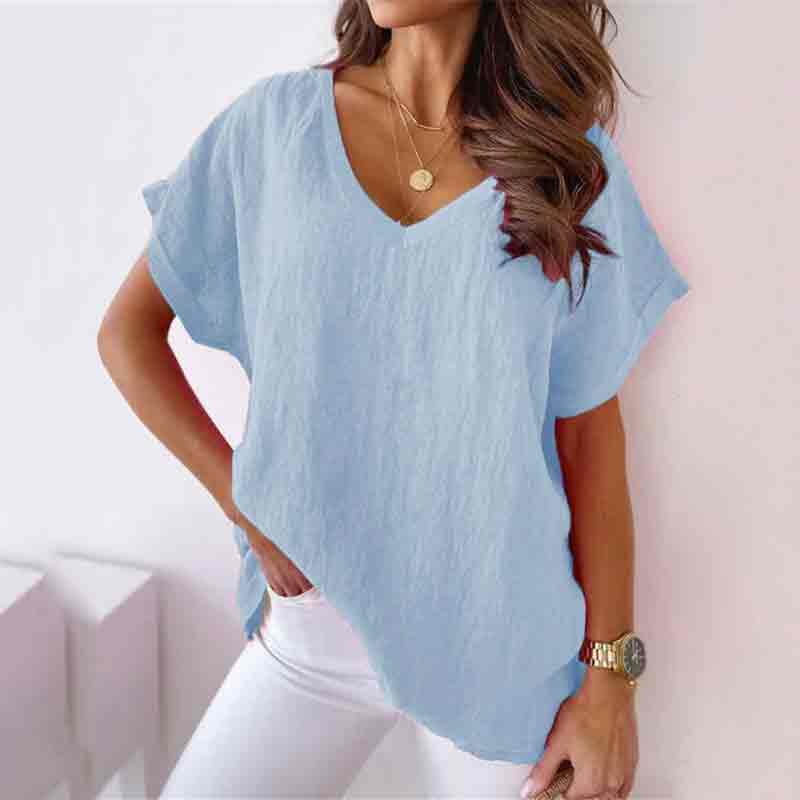 Solid Color V Neck Casual Loose Short Sleeve T-shirt