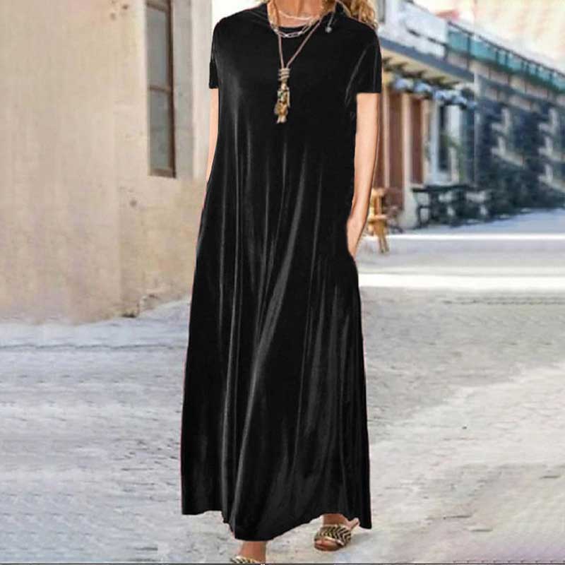 Elegant Solid Color Velvet Short Sleeve Pockets Stretchy Maxi Dress