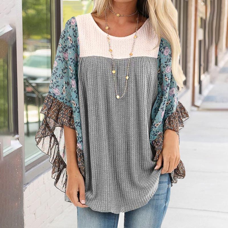 Fashion Printed Ruffle Sleeve Tunic Blouse Color Block Waffle Shirt