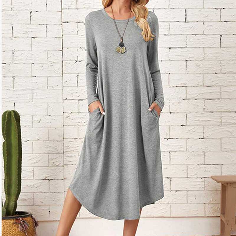 Solid Color Casual Cotton Long Sleeve Curved Hem Loose Pockets Dress