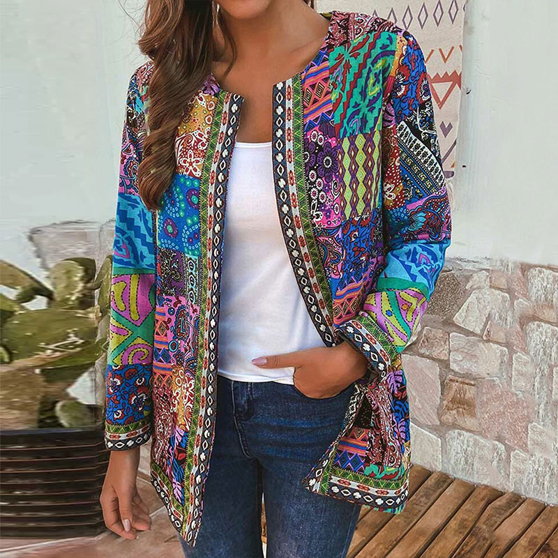 Retro Ethnic Style Printed Long Sleeve Jacket Trendy Cardigan Coat
