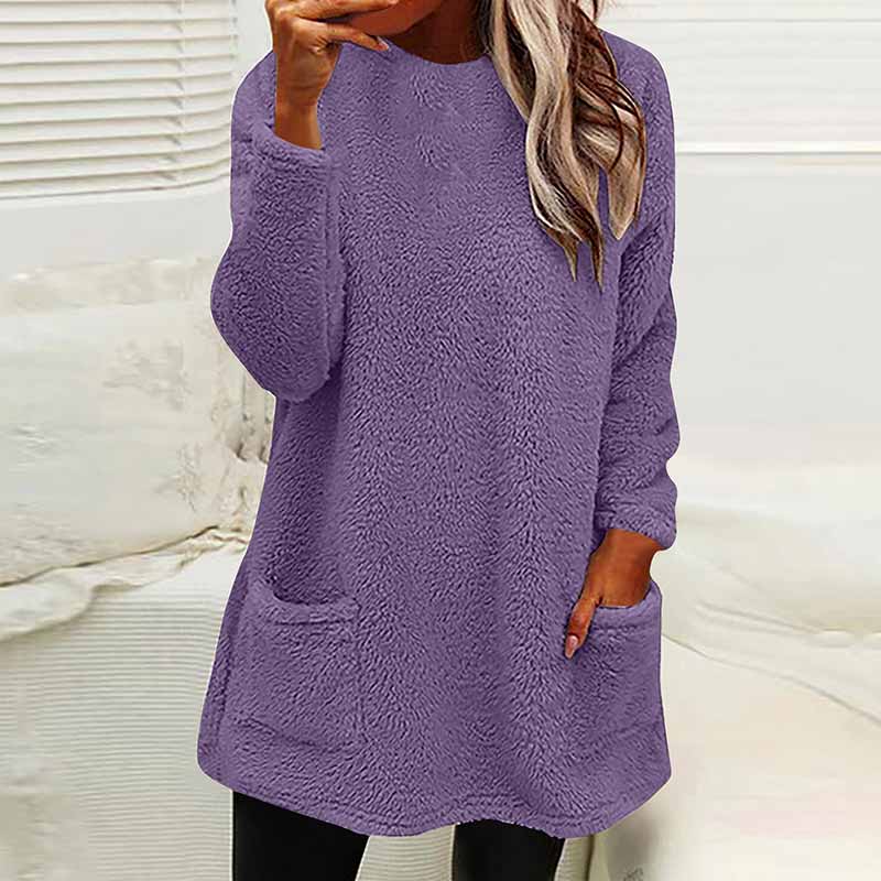 Casual Solid Color Plush Warm Autumn Winter Pockets Long Sweatshirt