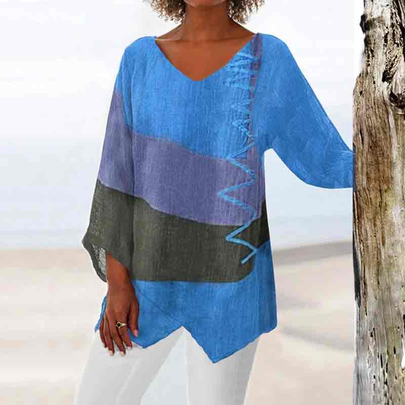 Casual Loose V Neck Irregular Hem Color Blocking Printed Blouse