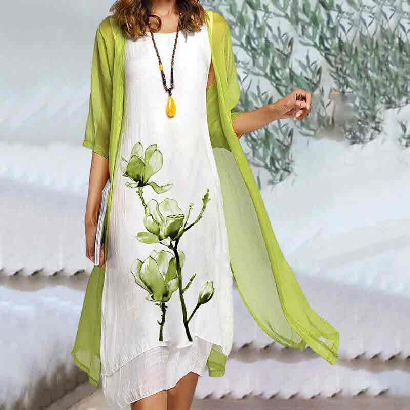 Casual Floral Printed Round Neck Two-piece Cardigan Dress