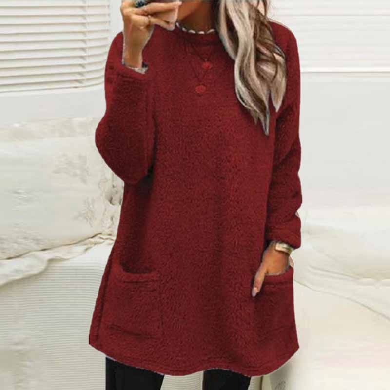 Solid Color Plush Warm Autumn Winter Pockets Long Sweatshirt