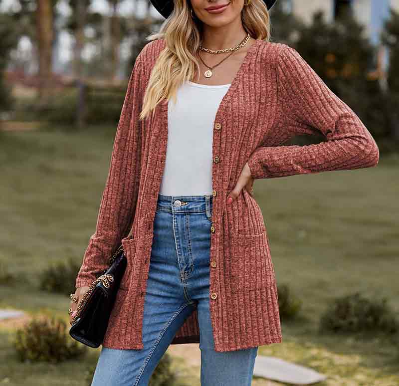 Solid Color Velvet Ribbed Buttons Autumn Winter Pockets Cardigan Top