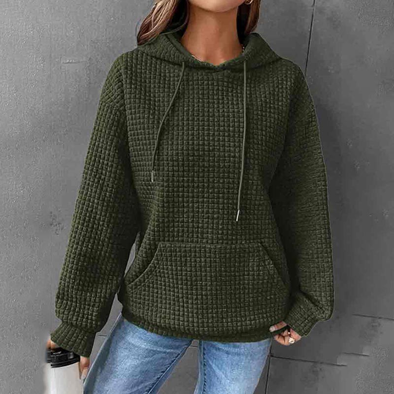 Solid Color Waffle Long Sleeve Pocket Hooded Sweatshirt