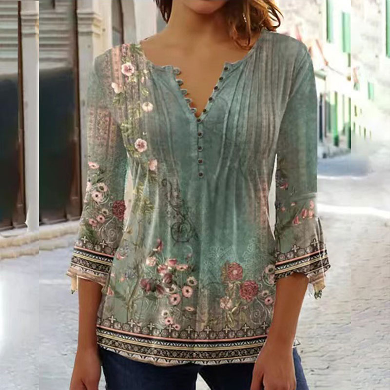 Fashion Gradient Floral Button V-neck Blouse Trendy Loose Shirt