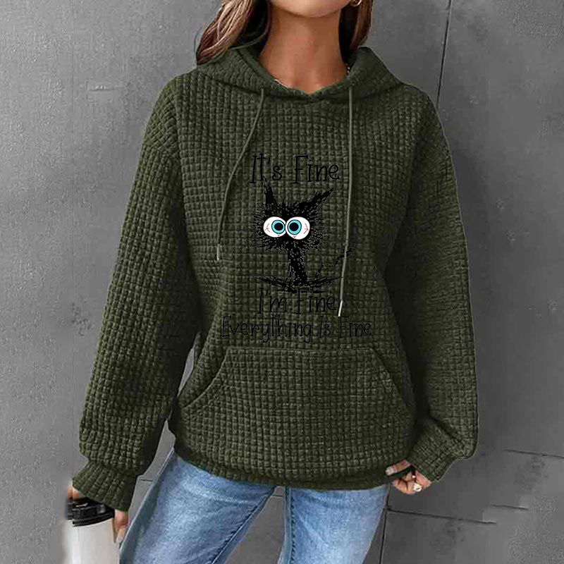 Cat Printed Waffle Long Sleeve Pocket Hooded Sweatshirt