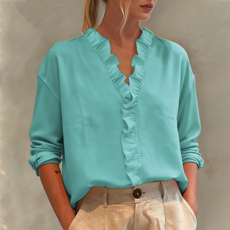 Trendy Ruffles V-Neck Pullover Top Long Sleeve Casual Loose Shirt