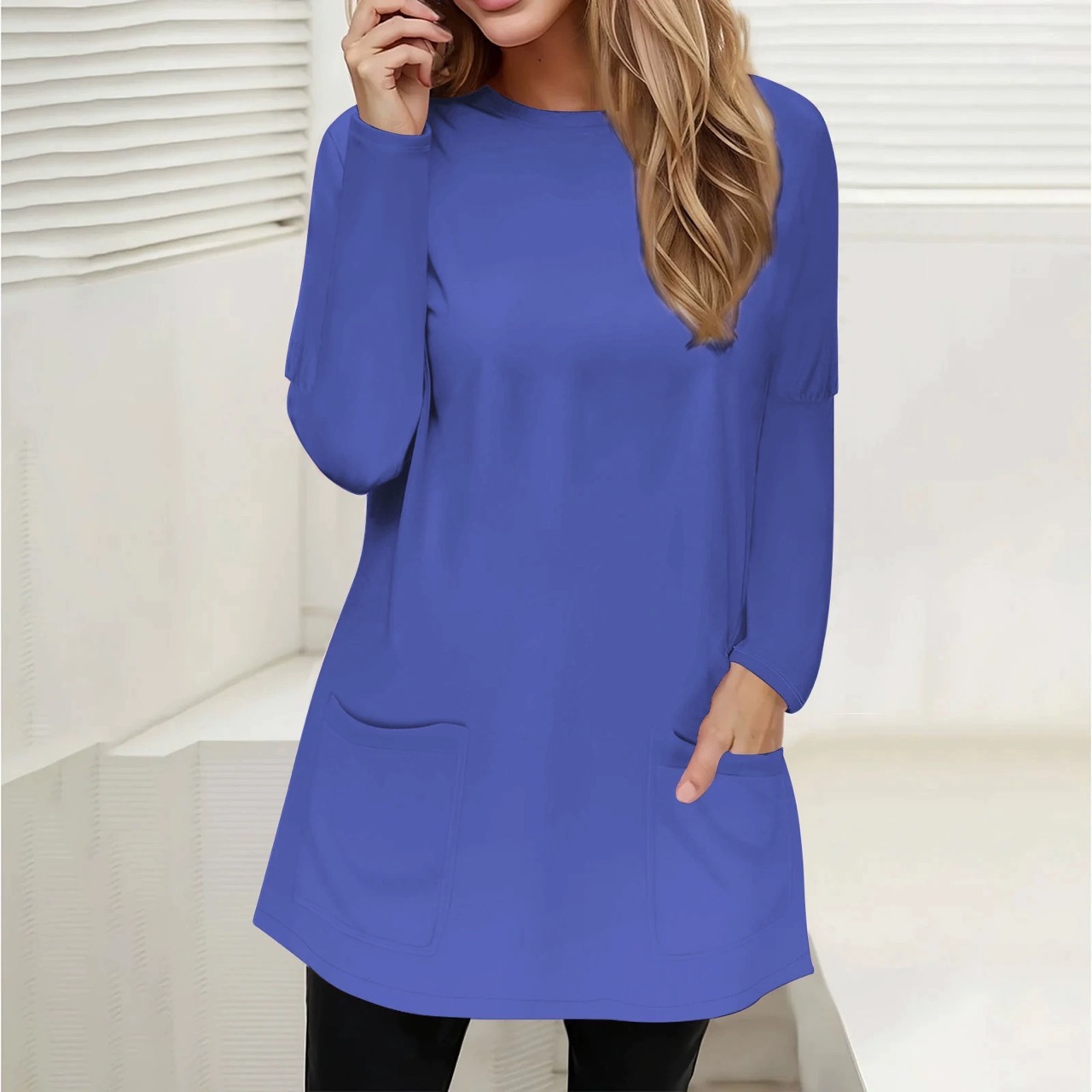 Casual Long Sleeve Pullover Loose Spring Autumn Pockets Long Shirt