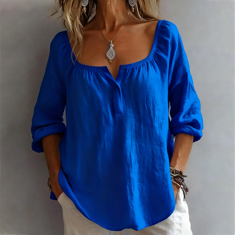 Casual Button V-Neck Solid Color Pullover Top Long Sleeve Loose Shirt