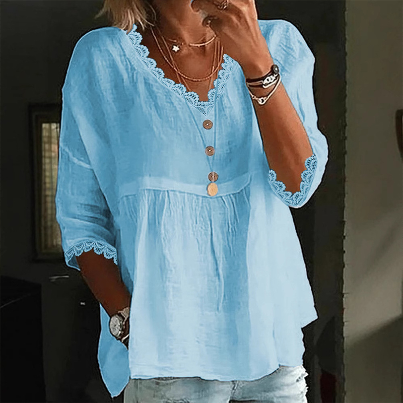 Fashion Lace V-Neck Pullover Top Three-Quarter Sleeve Casual Shirt
