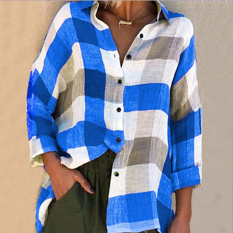 Lapel Plaid Printed Single-breasted Long Sleeve Loose Blouse