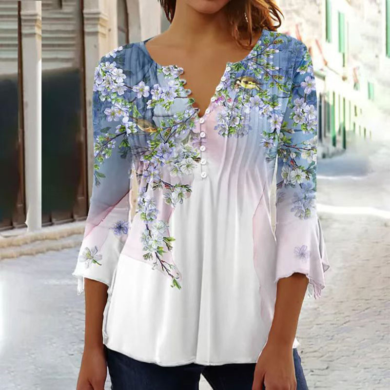 Fashion Gradient Floral Button V-neck Blouse Trendy Loose Shirt