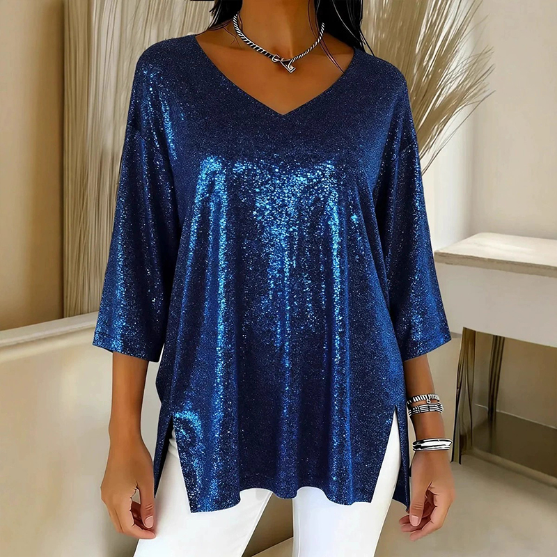 Trendy V-Neck Three-Quarter Sleeve Side Slit Top Loose Printed T-shirt
