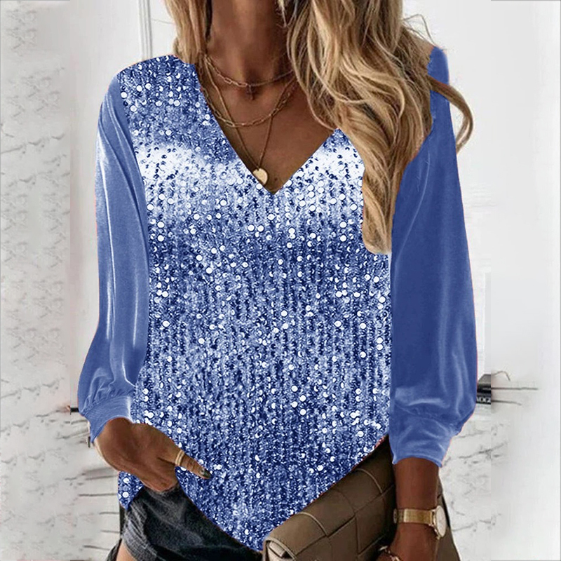 Trendy V-Neck Long Sleeve Splicing Pullover Top Loose Printed T-shirt