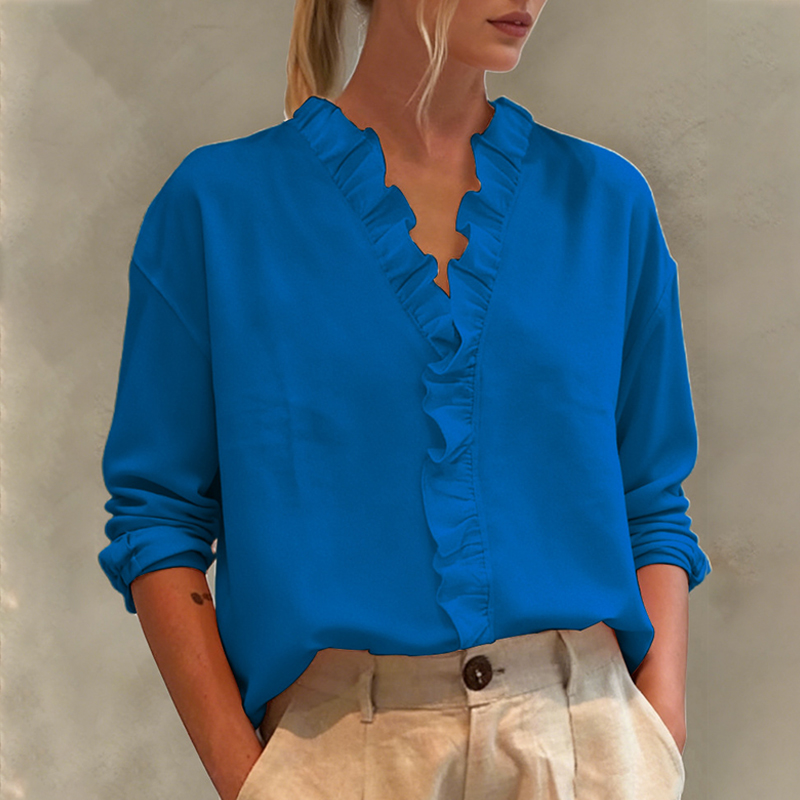 Trendy Ruffles V-Neck Pullover Top Long Sleeve Casual Loose Shirt