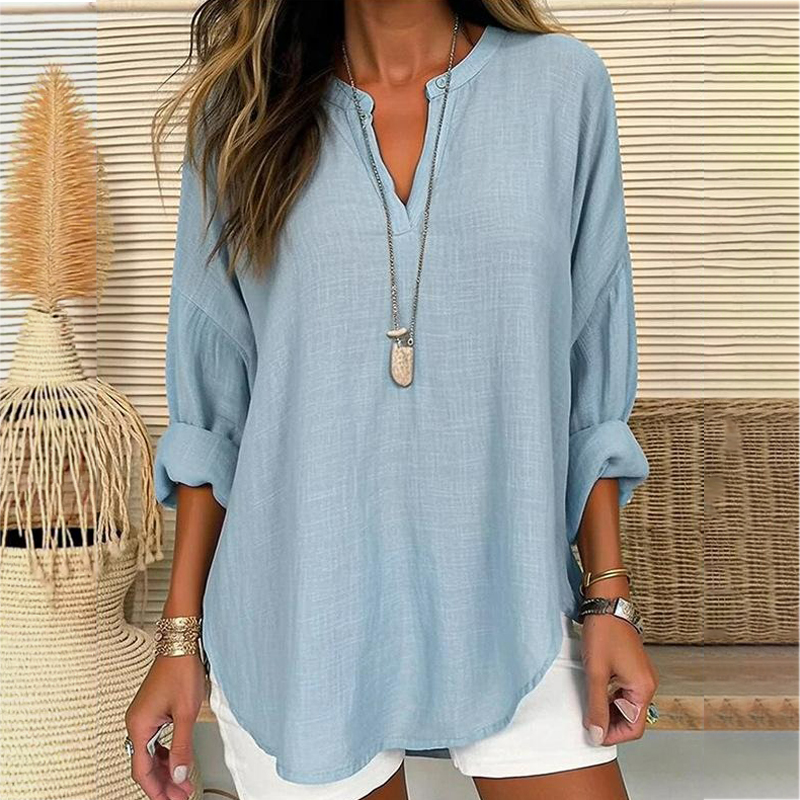 Trendy V-Neck Solid Color Pullover Top Casual Long Sleeve Loose Shirt