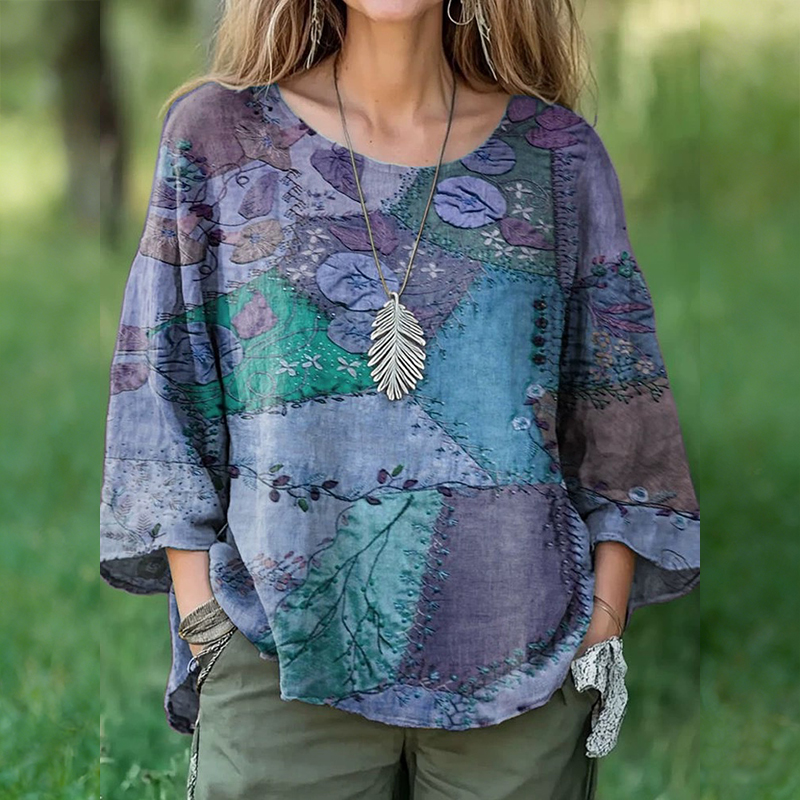 Trendy Multicolor Printed Long Sleeve Pullover Round Neck Loose T-shirt