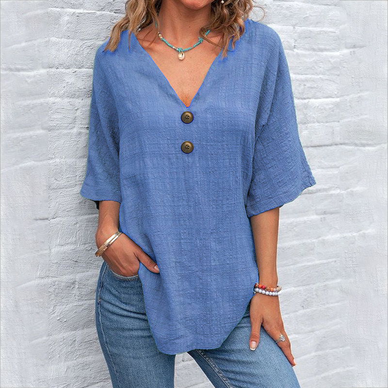 Casual Button V-neck Solid Color Pullover Top Short Sleeve Loose Shirt