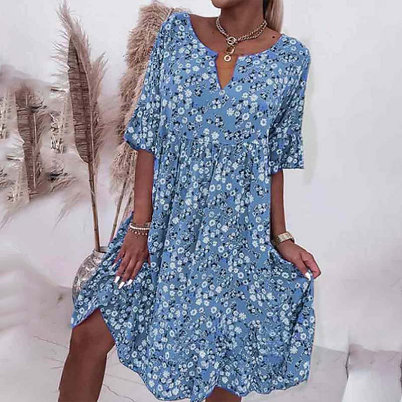 Fashionable Floral Printed V-neck Half Sleeve A-line Dress