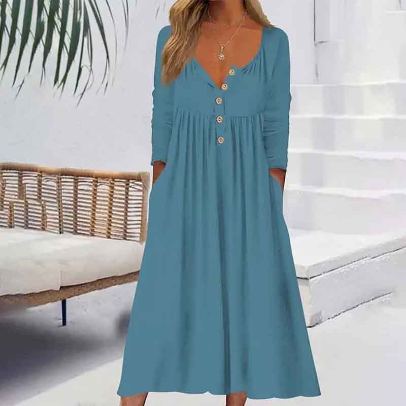 Solid Color Button V-neck Long Sleeve Pockets Autumn Winter Dress