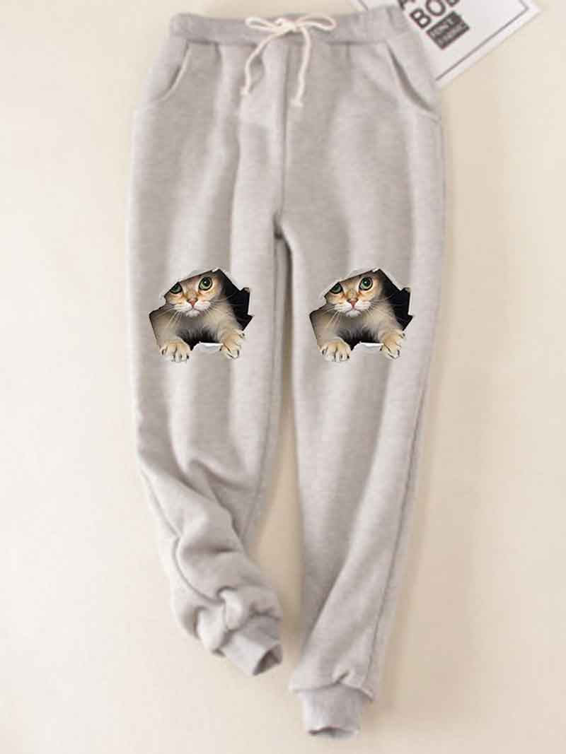 Cats Printed Thickened Fleece Warm Autumn Winter Loose Sweatpants